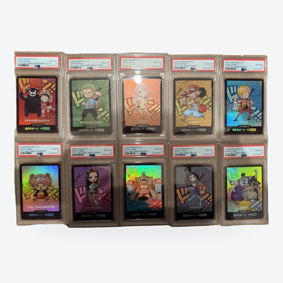 One Piece Kumamoto Prefecture DON!! card complete set of 10, PSA 10 sequential certs