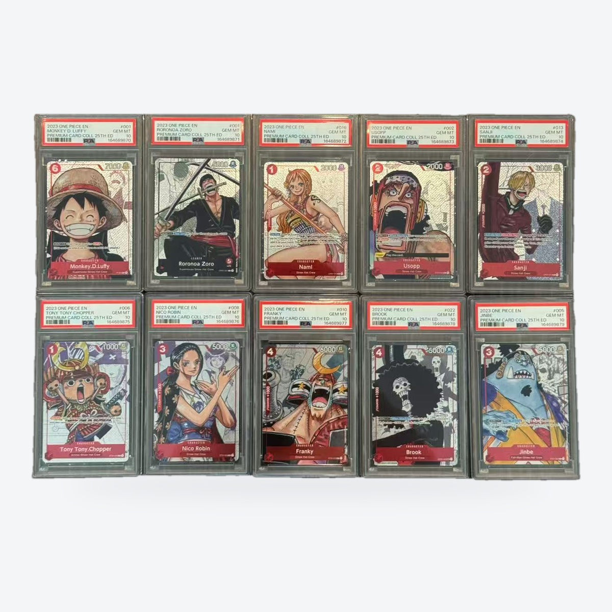 One Piece Premium Card Collection 25th Edition complete set of 10, PSA 10 sequential certs